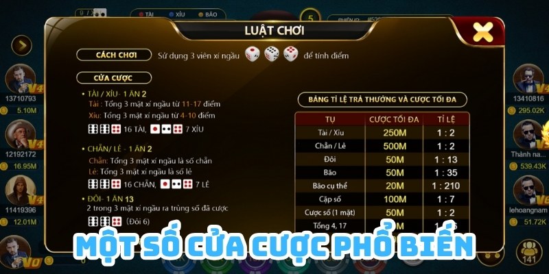 Một số cửa cược phổ biến trong game cá cược Sicbo Online